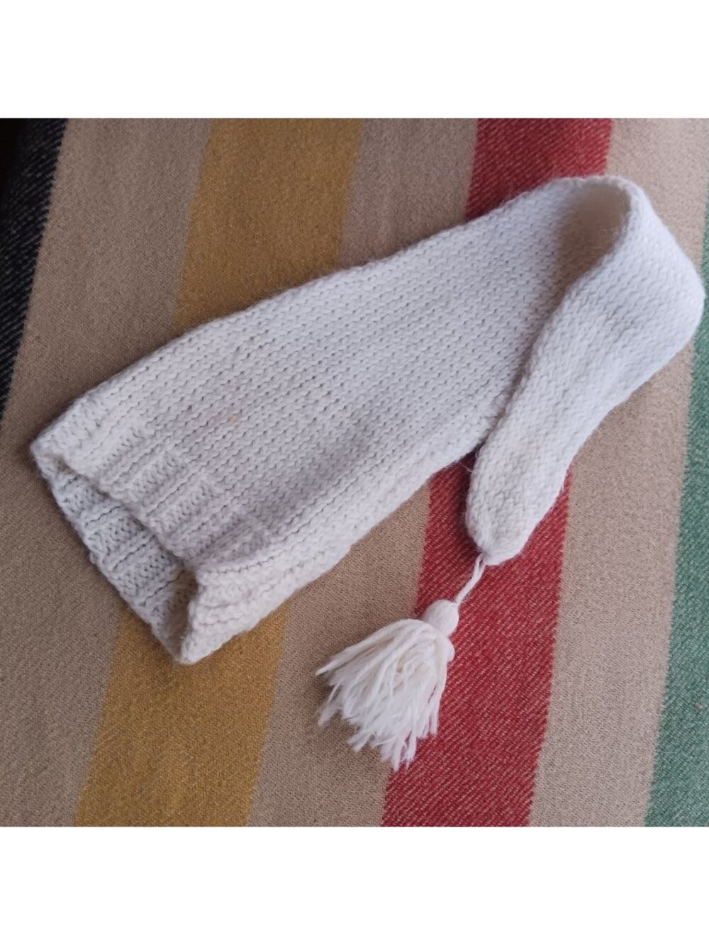 Vintage Girls Hand-Knitted Elf Winter Cap White Long Tassel handmade 1970s USA
